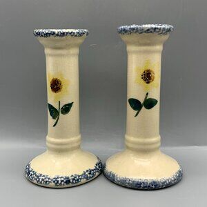 1996 Magic Creations set of 2 Taper Candleholders White with Sunflowers